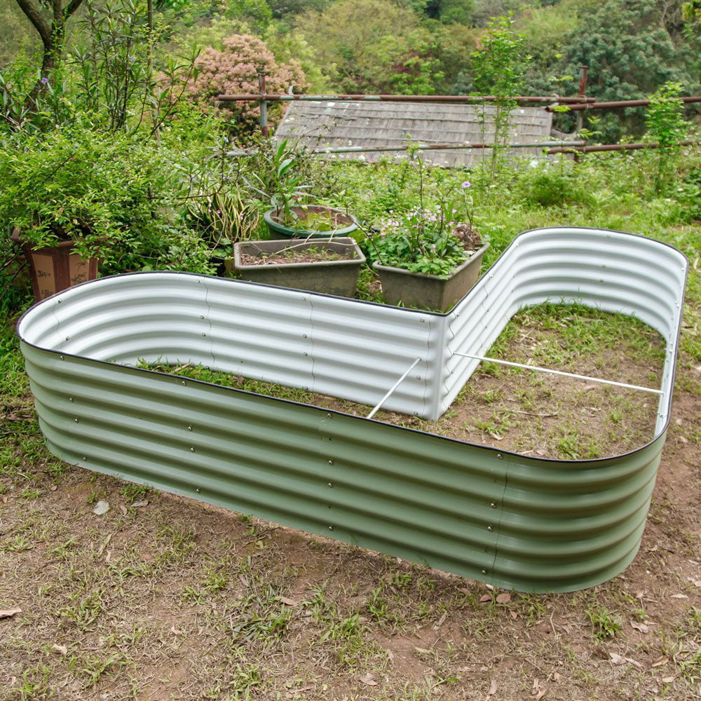 17" Tall L-Shaped Modular Corrugated Metal Raised Garden Beds Green Y791