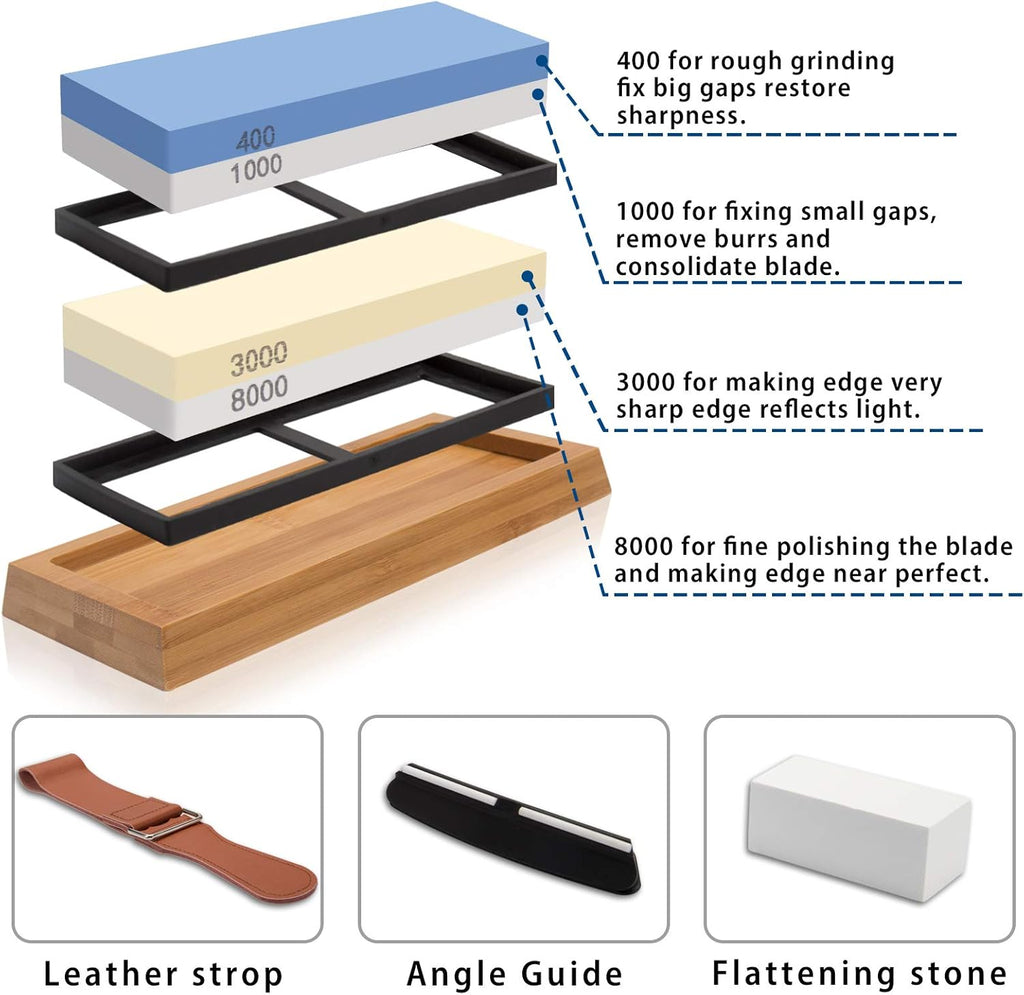 4 Side Grit 400/1000 3000/8000 Whetstone Set with Bamboo Base H18738