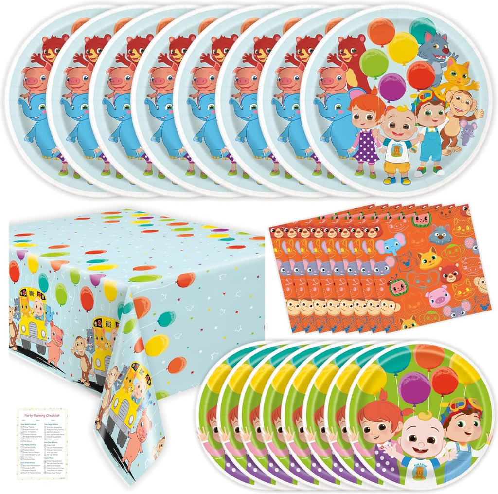Cocomelon Birthday Decorations Pack for 8 Guests - Plates and Napkins, Tablecloth, Checklist - Party Decorations, Party Supplies W55207