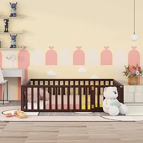 Twin Size Solid Wood Floor Bed Frame with Safety Fence X23444
