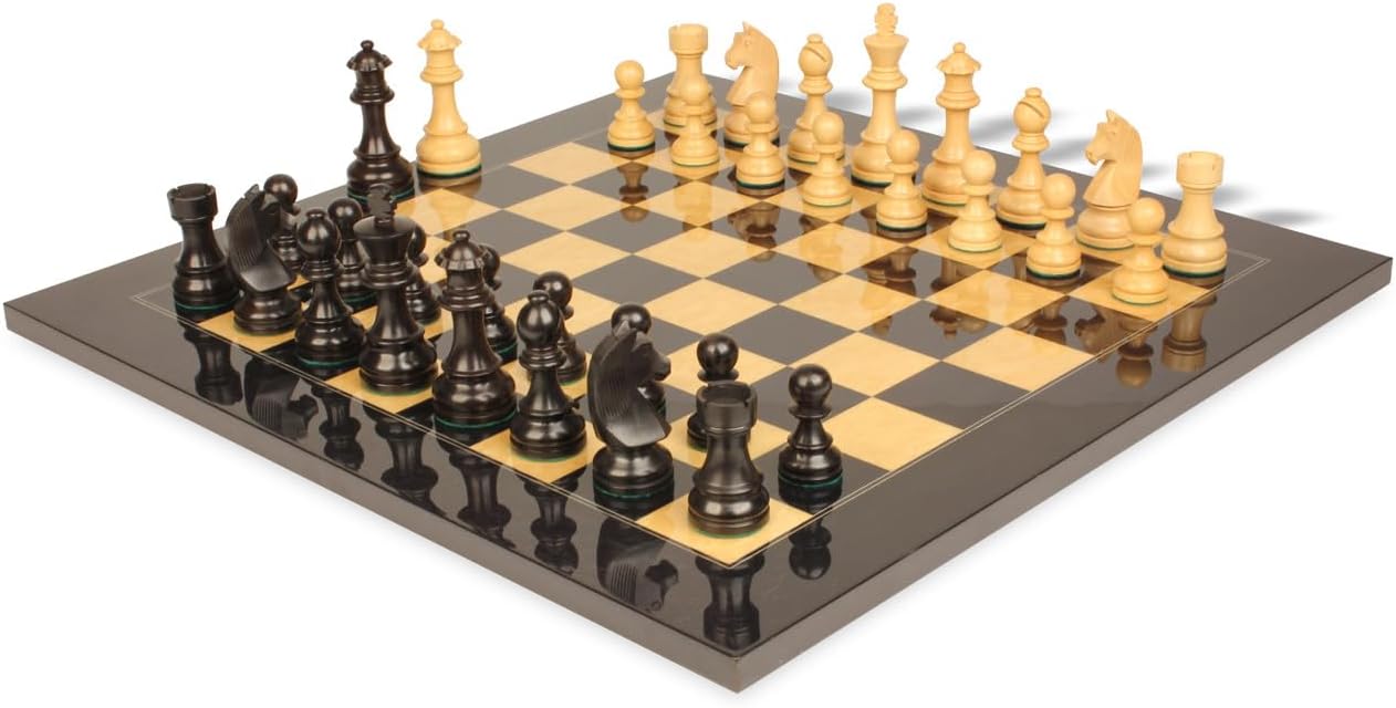 Ebonized & Boxwood Chess Set with Black & Ash Burl Chess Board - 3.75" King F483