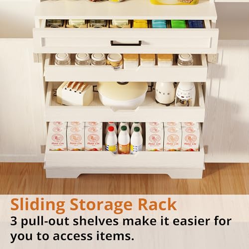 White 72" Tall Freestanding Pantry Cabinet with Sliding Storage Rack and 6 Hanging Shelves C8323