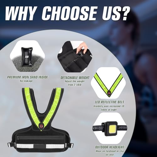 Weighted Vest with LED Reflective Belt and Outdoor Headlight, 2-10 lbs O88901