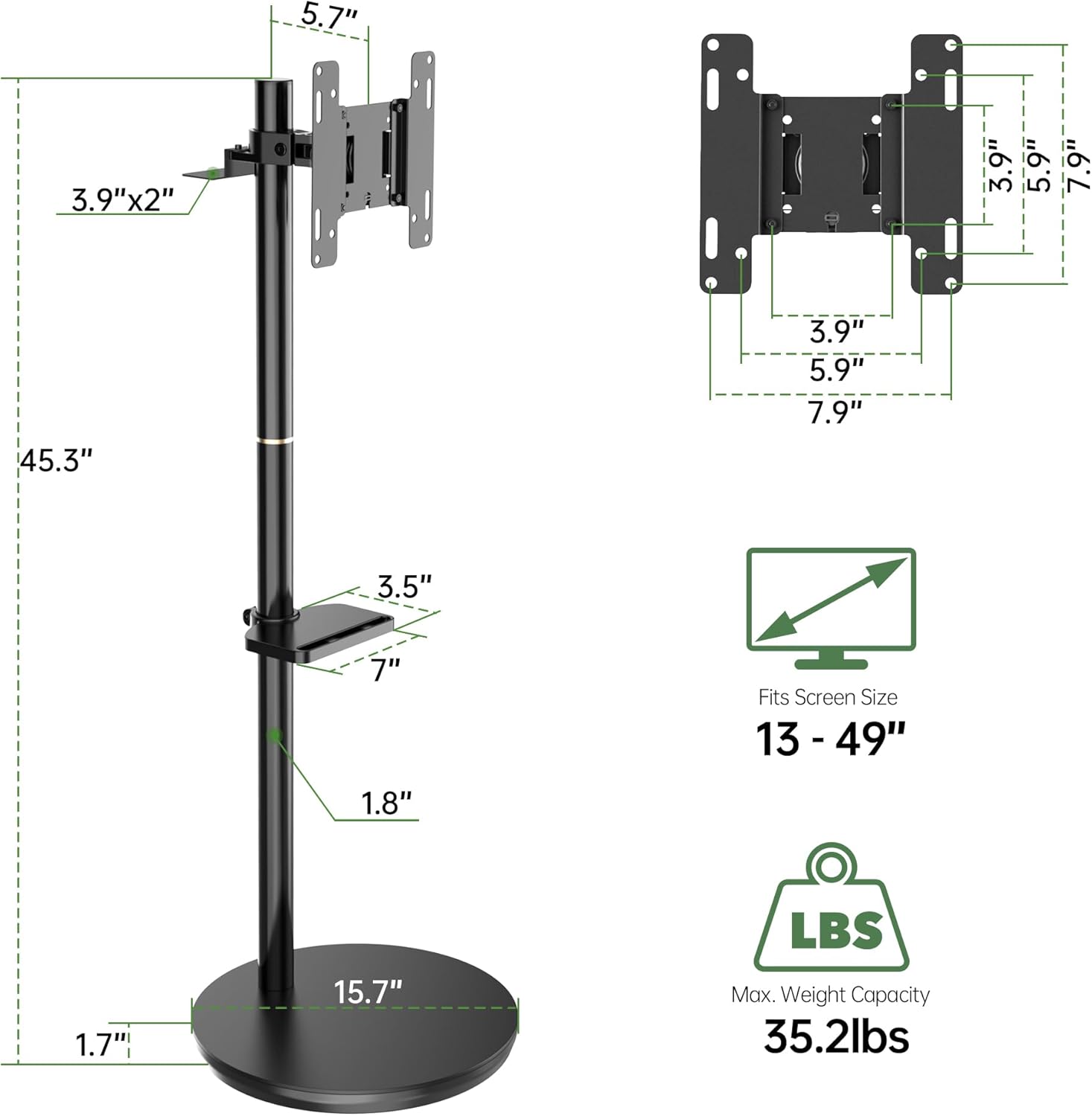 Black Rolling TV Stand with Wheels, Height Adjustable, VESA 200x200mm H46011