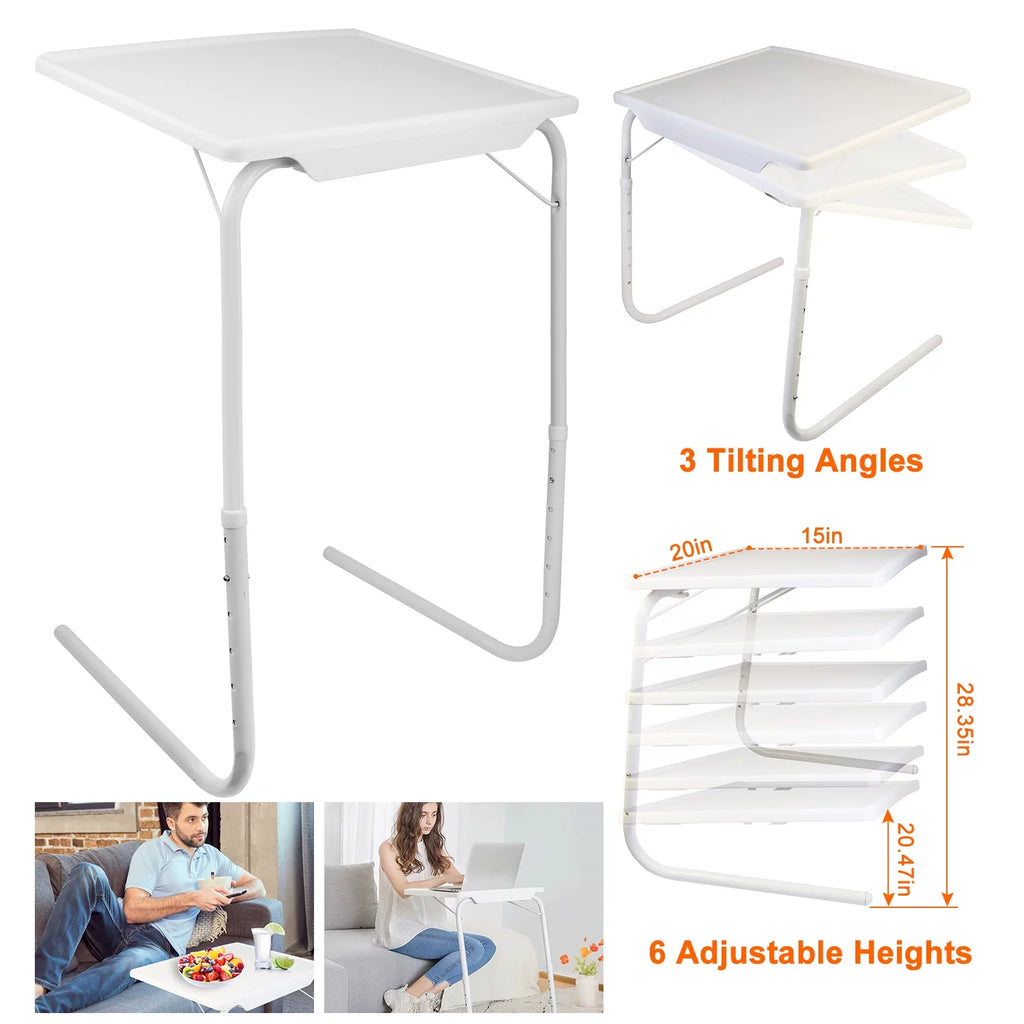 White Folding Snack TV Tray Table, Adjustable Height & Angle Tray, 20" x 15" W15248