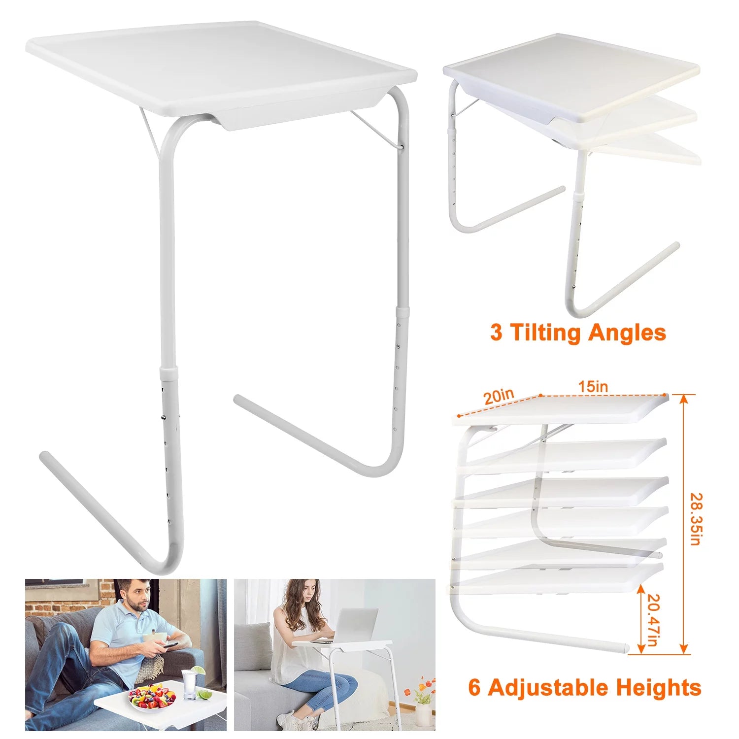 White Folding Snack TV Tray Table, Adjustable Height & Angle Tray, 20" x 15" W15248