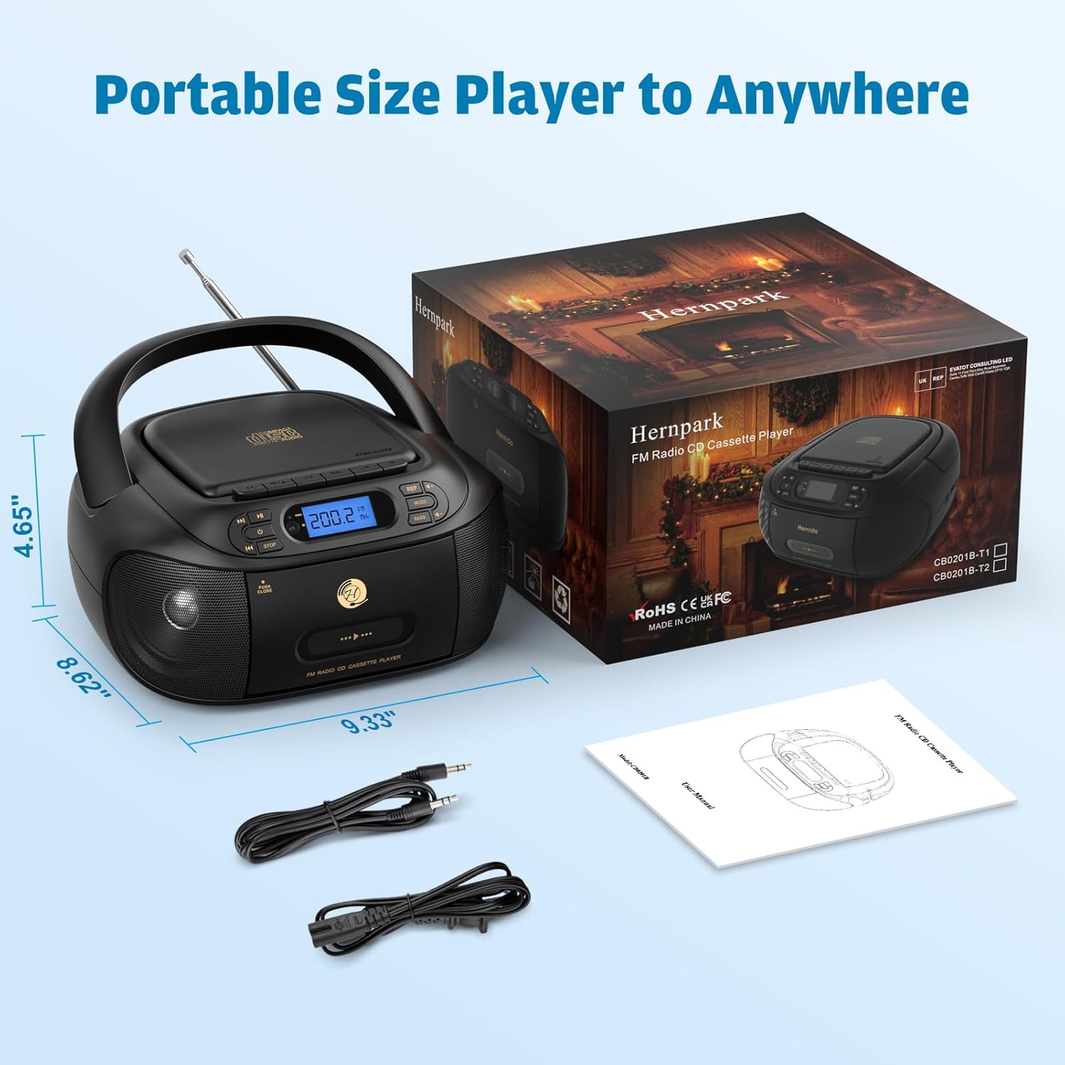 CD Cassette Player Combo Boombox with Bluetooth 5.1, FM Radio, Stereo Sound Q6593