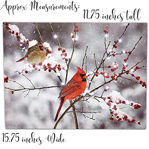 LED Cardinals Canvas Print Lighted Picture with Cardinal Couple and Holiday Berries H521