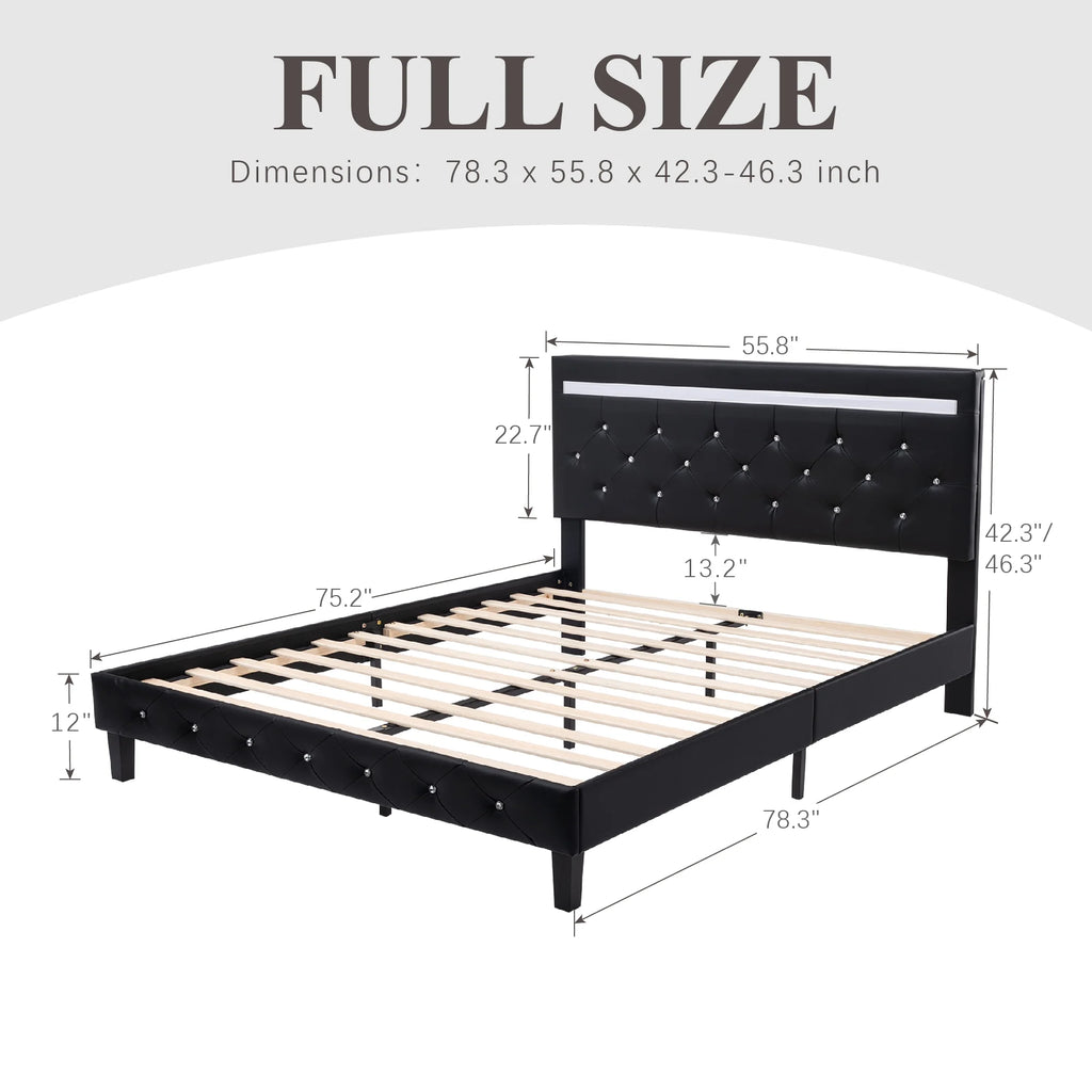 Full Size LED Leather Bed Frame with Headboard T6336