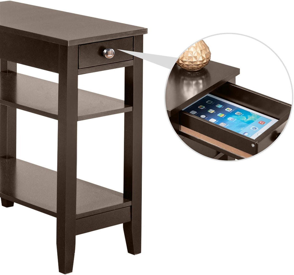 Brown End Table with Drawer, 2-Tier Open Storage Shelves, 11.2" L x 23.62" W x 24" H D5825