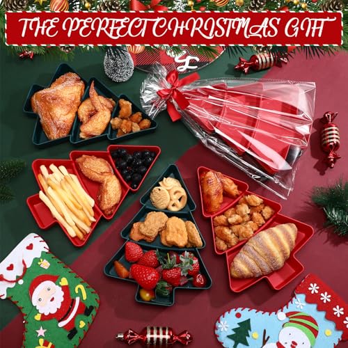 6 Pcs Christmas Tree Shape Serving Tray Platter Red and Green Plastic 3 Grids Dishes with Bag and Ribbon K975416