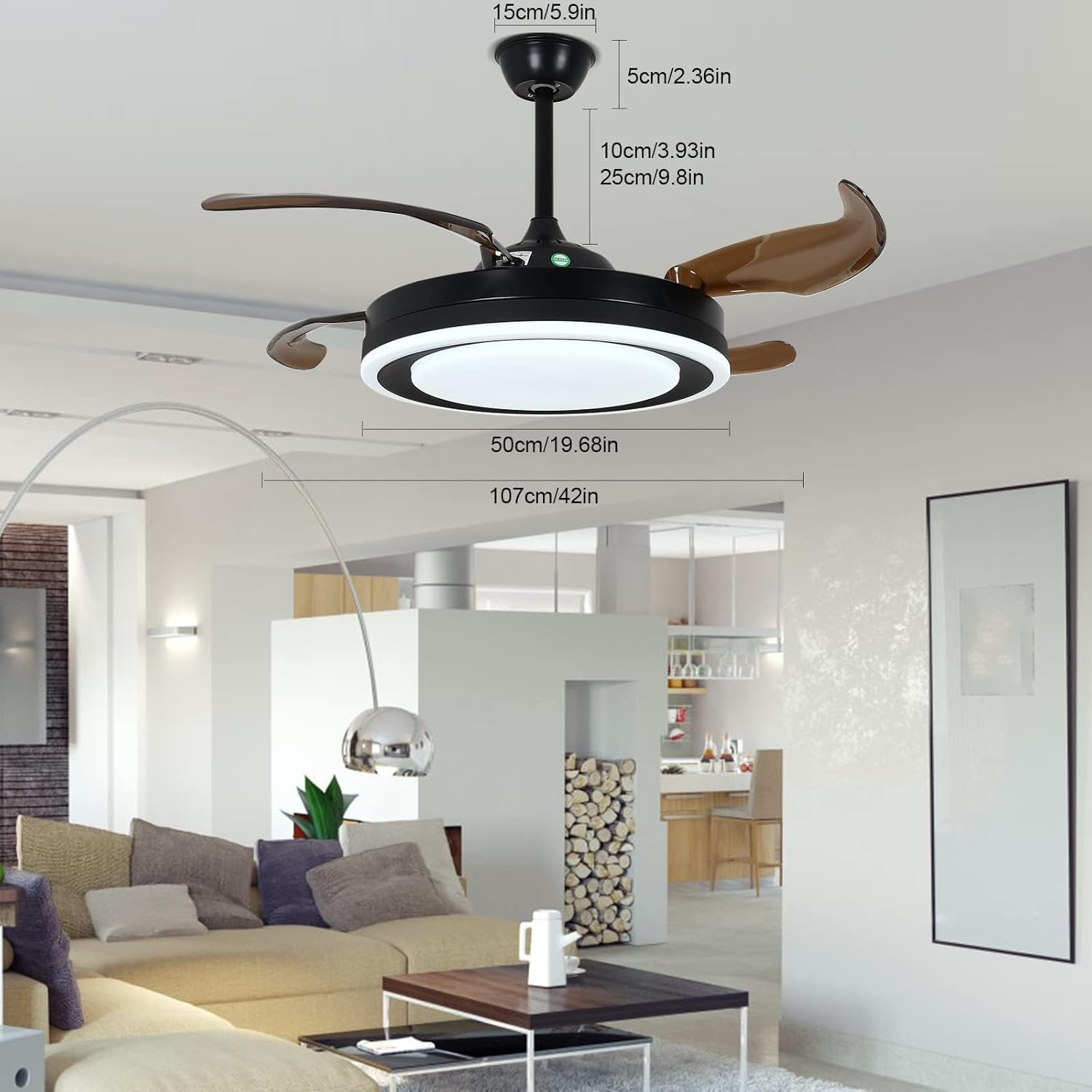 42 Inch Retractable Ceiling Fan with Lights Remote Silent Motor 6 Speed 3 Color Change Timer X69995