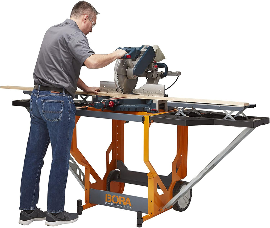 Miter Saw Workstation and Adjustable Pedestal Roller, Mobile Rolling Workbench with Additional Outfeed Support Pedestal Roller W510