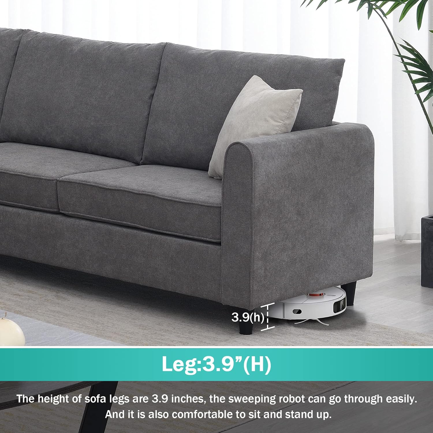 Grey Upholstered L Shape Sectional Sofa with 3 Pillows M891