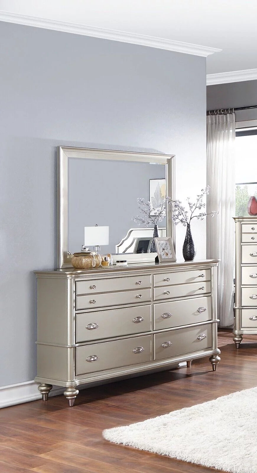 4pc Silver Eastern King Size Bed Dresser Mirror Nightstand Furniture N7889