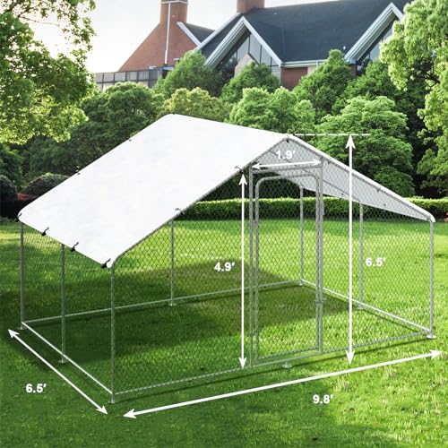 Large Metal Chicken Coop Walk-in Chicken Run with Waterproof Cover Anti-UV Spire Shaped Cage (13.1’L x 9.8’W x 6.5’H) I878