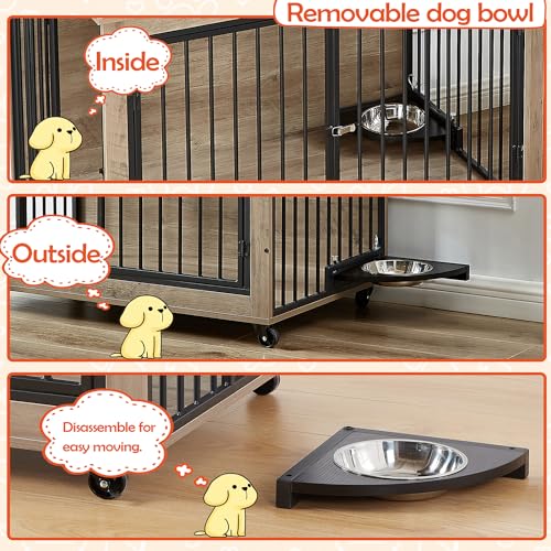 Large Dog Kennel Furniture with 1 Stainless Steel Bowls (43Inch Grey) R206