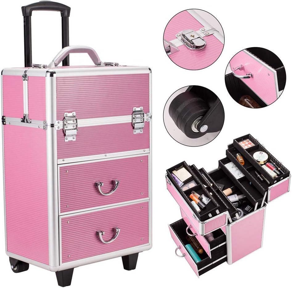 Rolling 4 Tiers Lockable Aluminum Makeup Travel Organizer Cosmetic Case Rose Pink H557