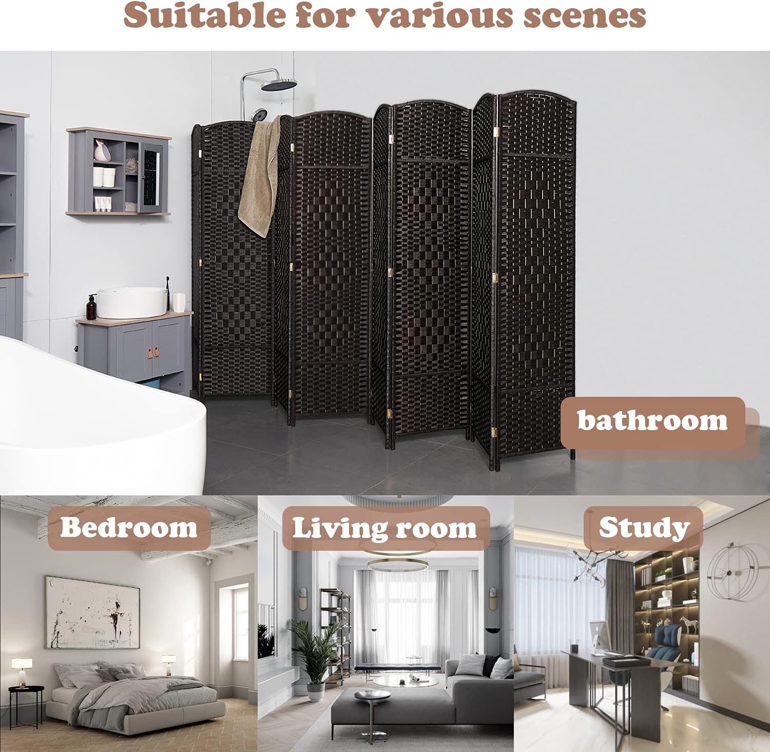 Coffee 8-Panel Tall Folding Privacy Screen I8733
