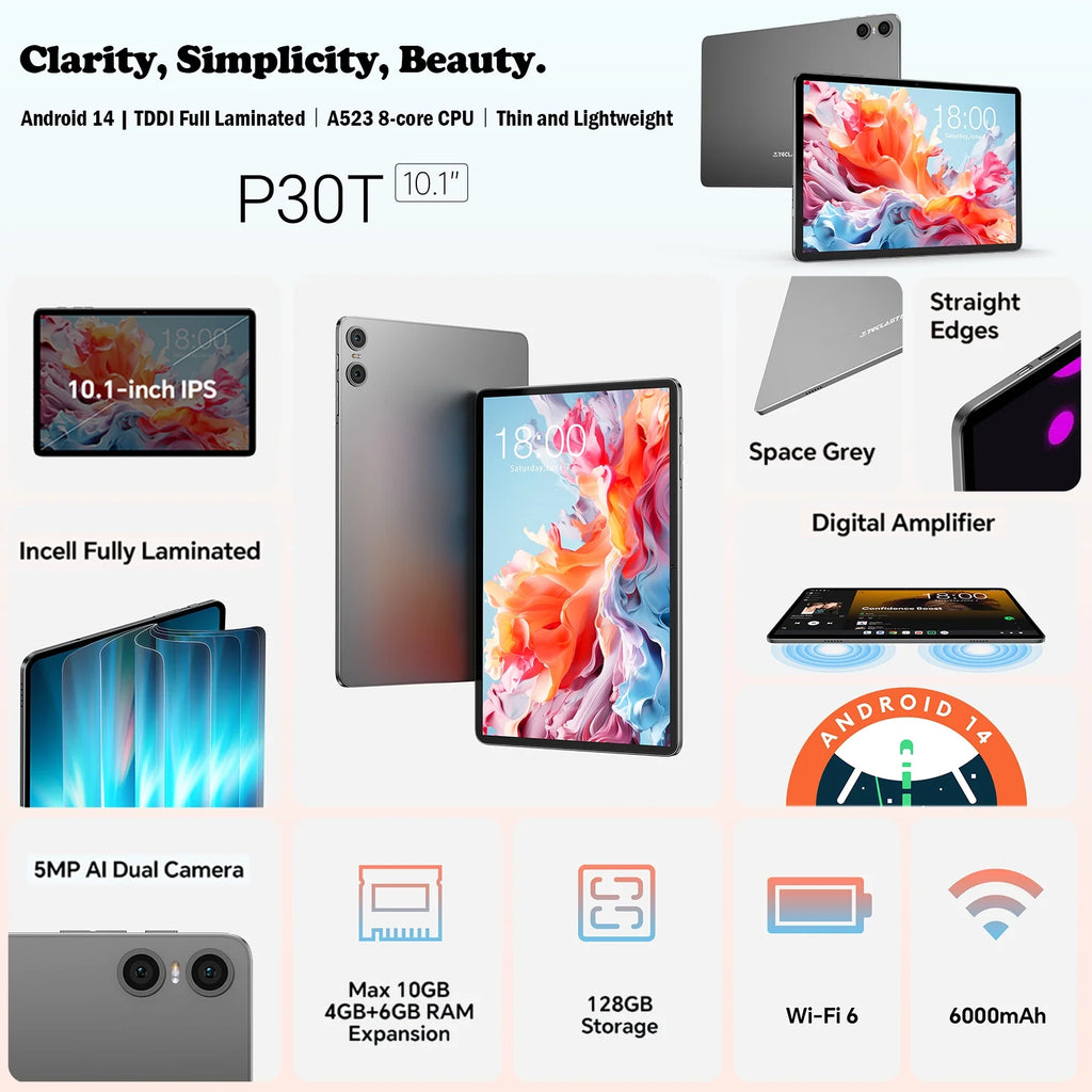 10 inch Android 14 Tablet 10GB RAM 128GB ROM Octa Core HD Bluetooth 5.4 Dual Camera C2680