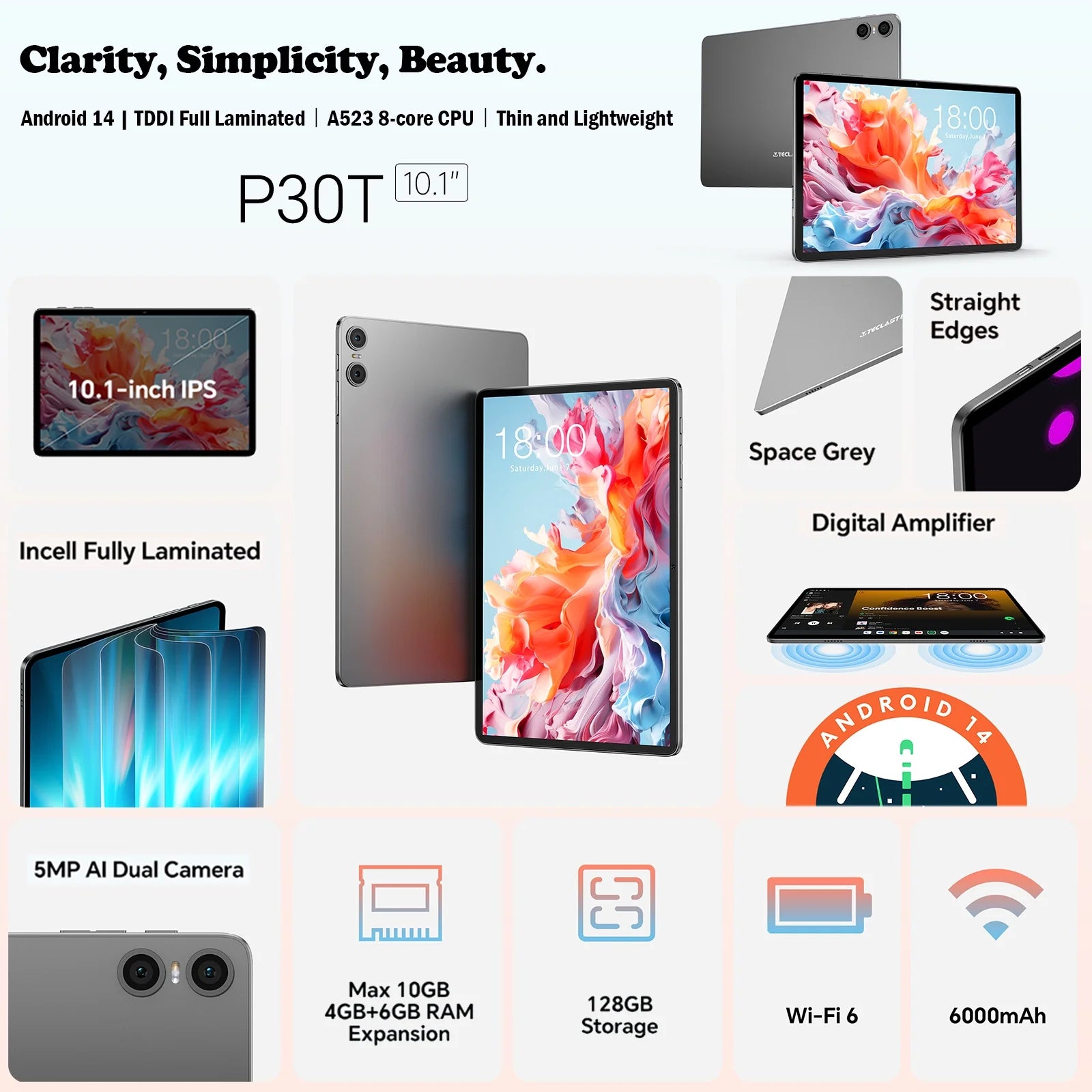 10 inch Android 14 Tablet 10GB RAM 128GB ROM Octa Core HD Bluetooth 5.4 Dual Camera C2680