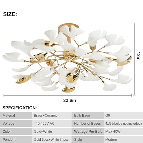 Gold Ceramic Ginkgo Leaf Semi Flush Mount Ceiling Light Fixture, 24" C5740