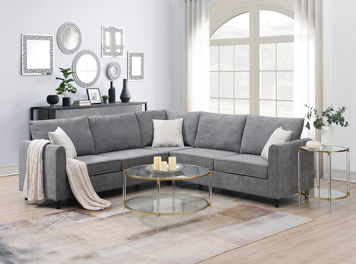 Grey Upholstered L Shape Sectional Sofa with 3 Pillows M891