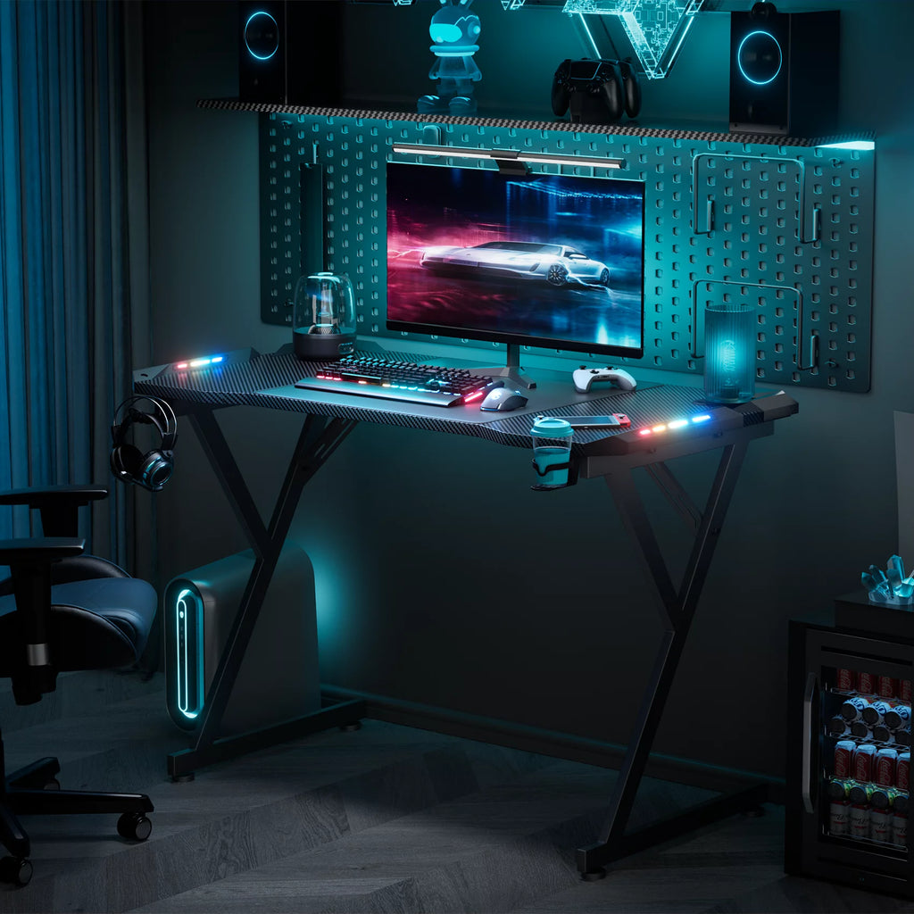 Black 55 Inch Gaming Desk with LED Lights, Carbon Fibre Surface Z957