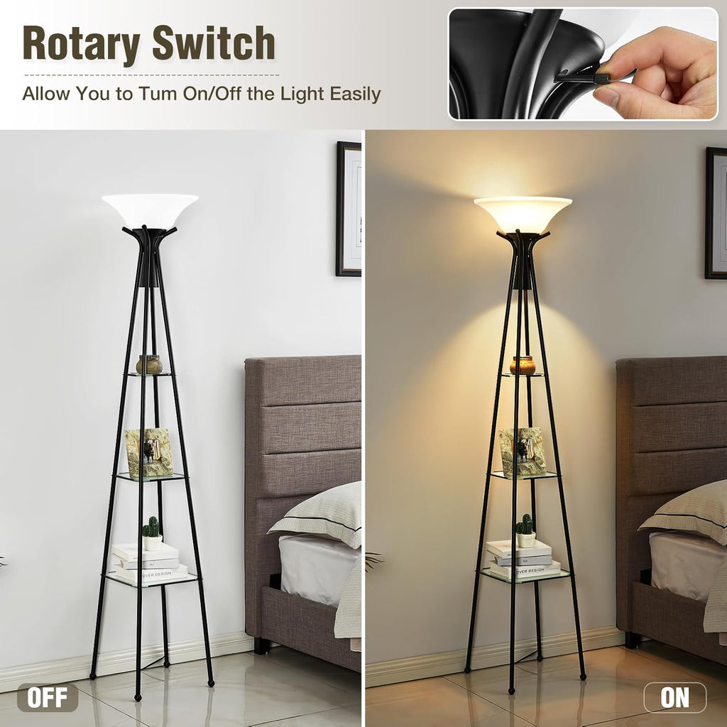 Black 69" Tall 3-Tier Glass Shelf Floor Lamp with 8W Bulb H595