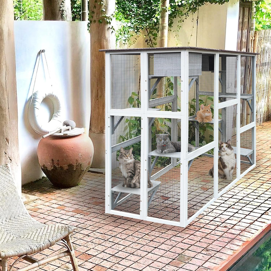 Gray 3-Tier Wooden Cat House with 4 Platforms and 2 Doors Y9166