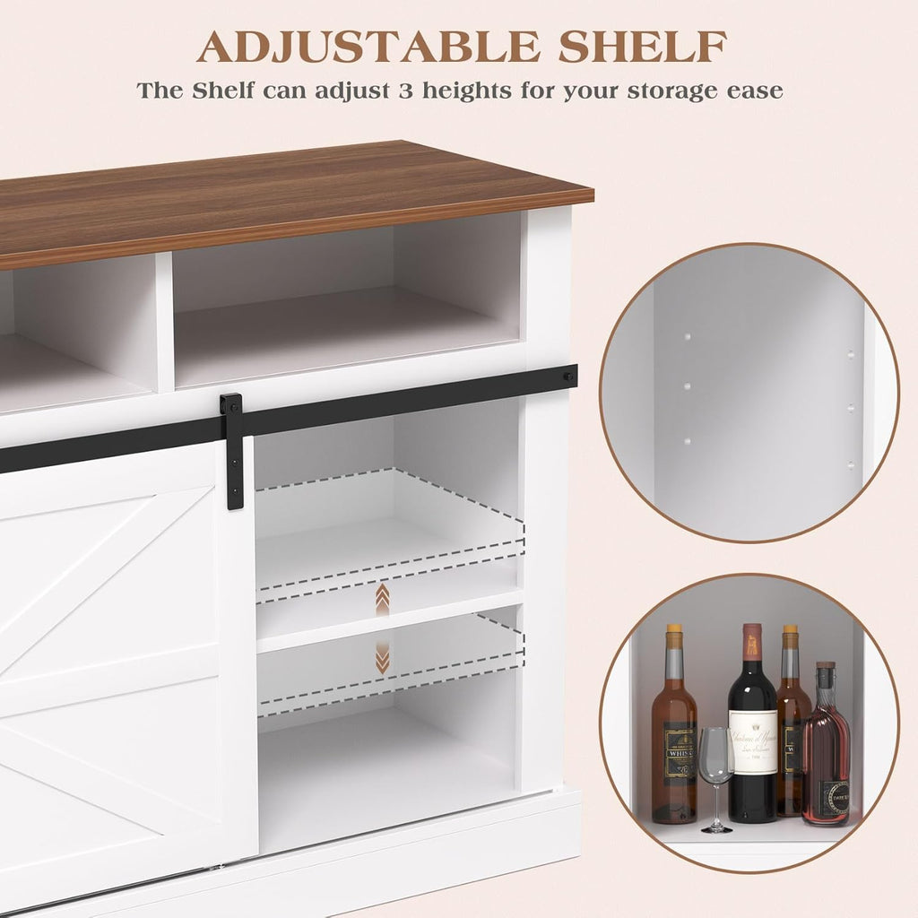 White 58" Coffee Bar Cabinet with Sliding Barn Door and Adjustable Shelf H144