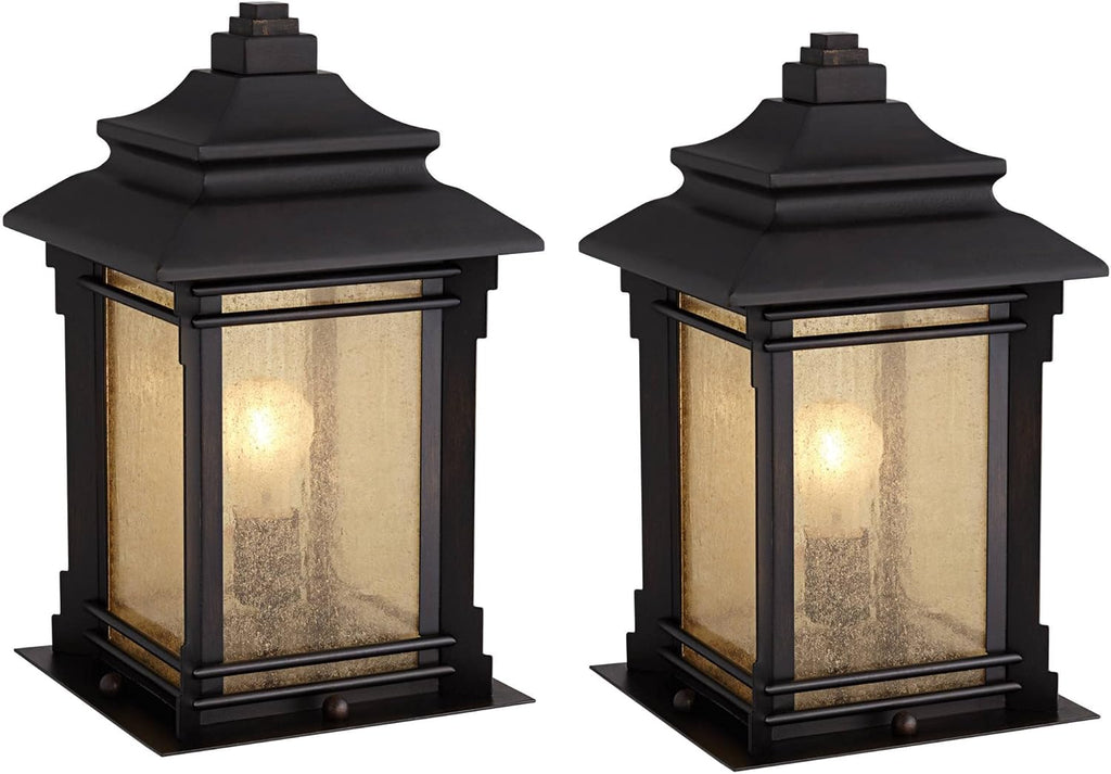 Set of 2 Rustic Farmhouse Outdoor Pier Mount Light Fixtures Walnut Bronze Frosted Cream Glass R535538