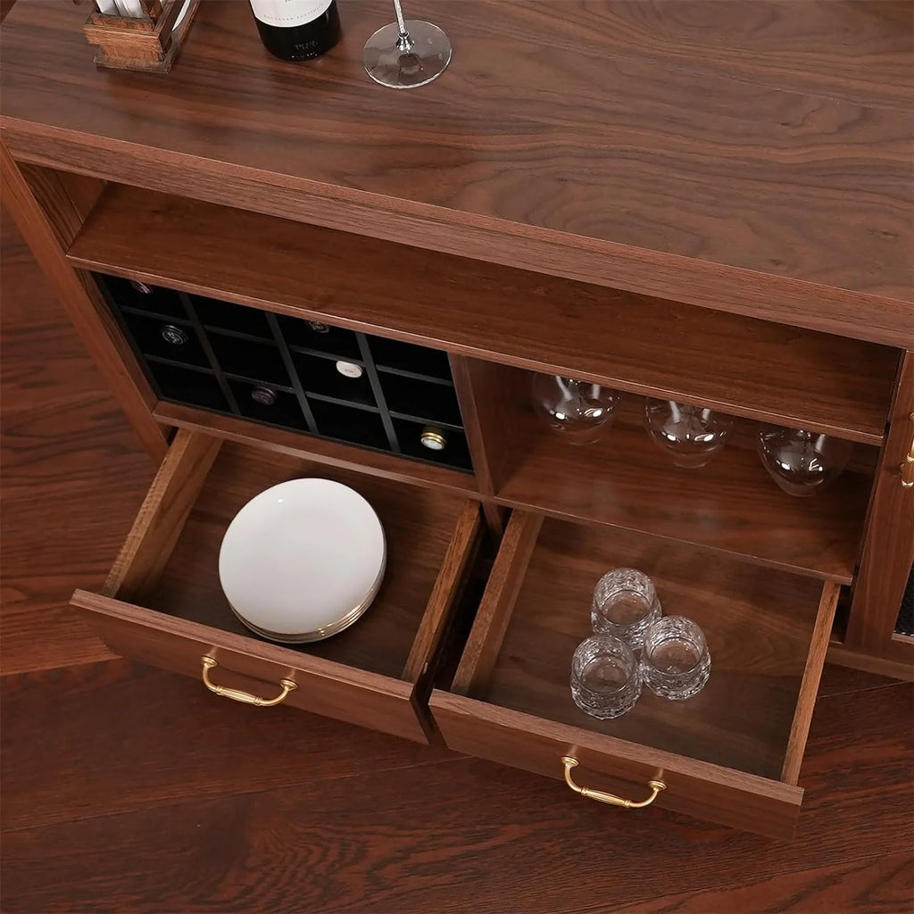 Solid Walnut Hardwood Bar Cabinet with Storage and Large Drawer P9046