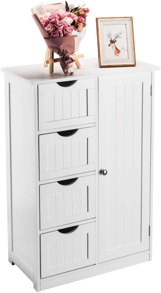 White 4 Drawer Single Door Bathroom Floor Cabinet S57671