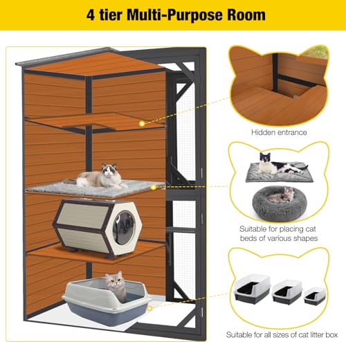 Large 4 Tiers Cat Enclosures House with Weatherproof Roof 70" H 77" L U576625