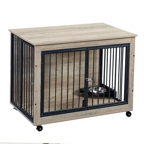 Large Dog Kennel Furniture with 1 Stainless Steel Bowls (43Inch Grey) R206