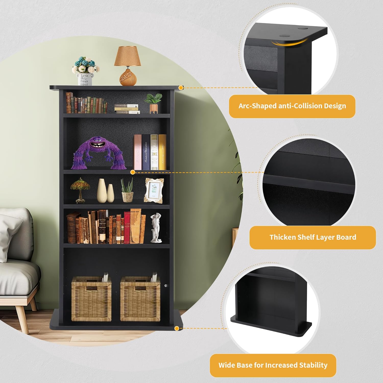 Black 5-Tier Adjustable Media Storage Shelf G857