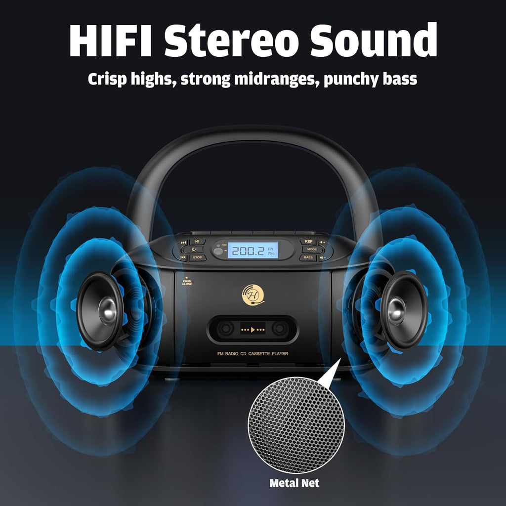CD Cassette Player Combo Boombox with Bluetooth 5.1, FM Radio, Stereo Sound Q6593