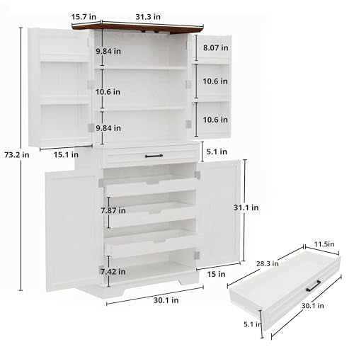 White 72" Tall Freestanding Pantry Cabinet with Sliding Storage Rack and 6 Hanging Shelves C8323