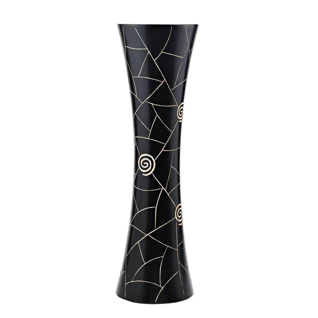Black Golden Geometric Etch Natural Mango Tree Wood Concaving Vase X160239