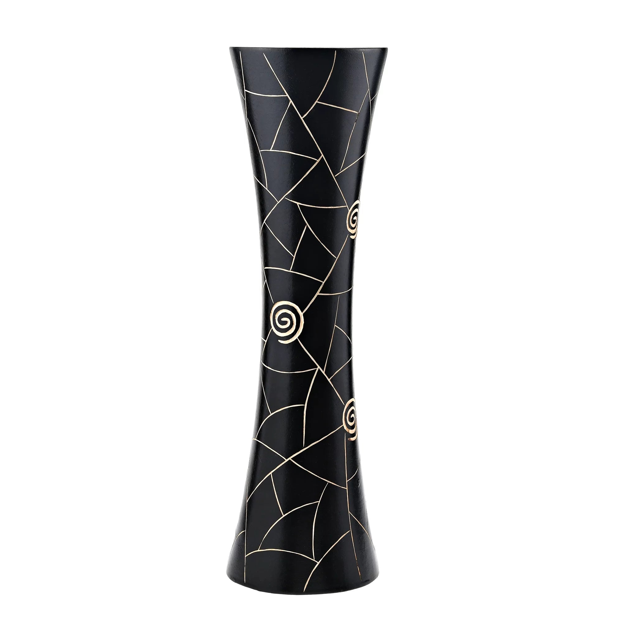 Black Golden Geometric Etch Natural Mango Tree Wood Concaving Vase X160239