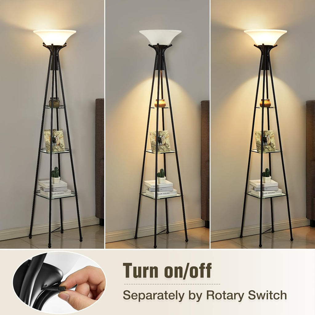 Black 69" Tall 3-Tier Glass Shelf Floor Lamp with 8W Bulb H595