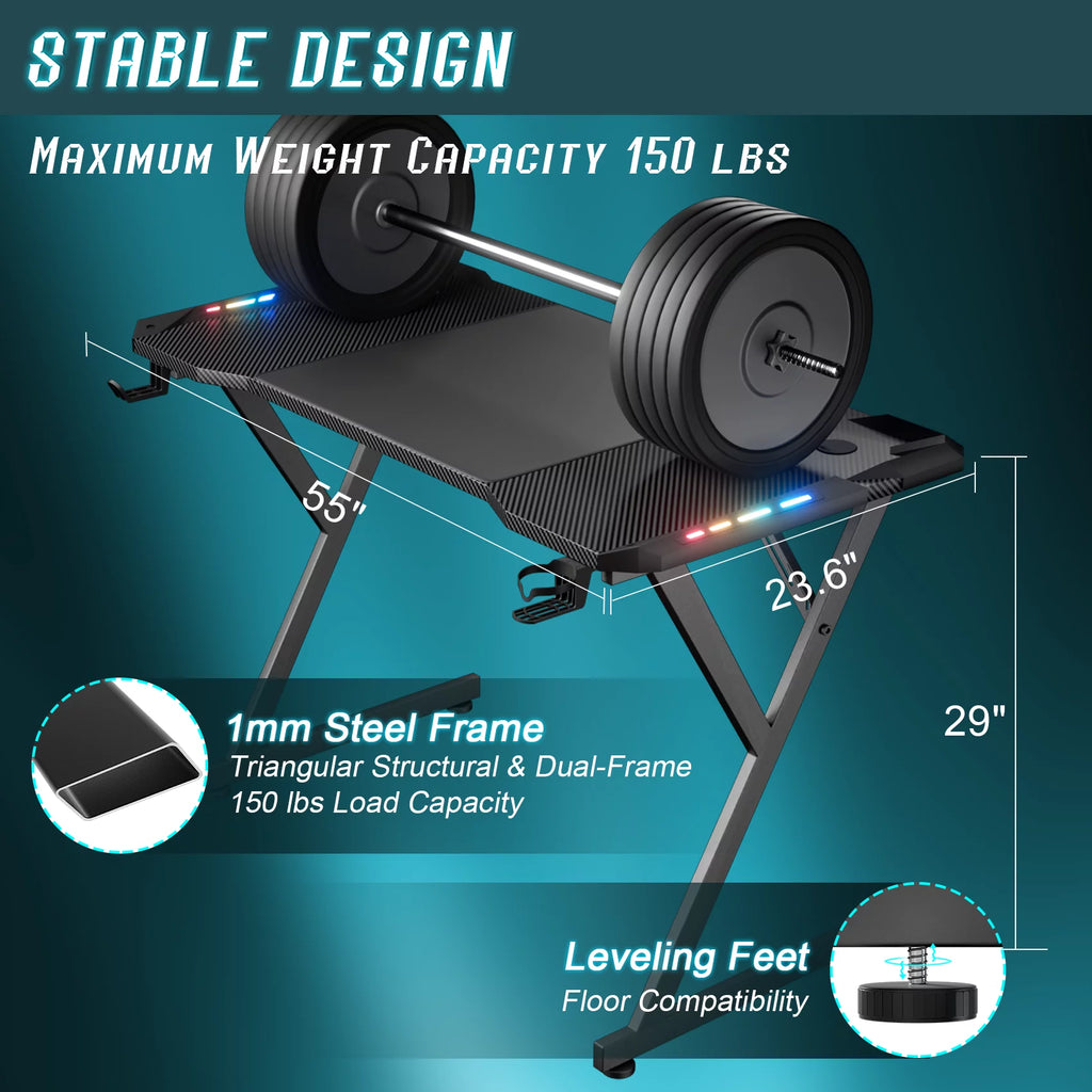 Black 55 Inch Gaming Desk with LED Lights, Carbon Fibre Surface Z957