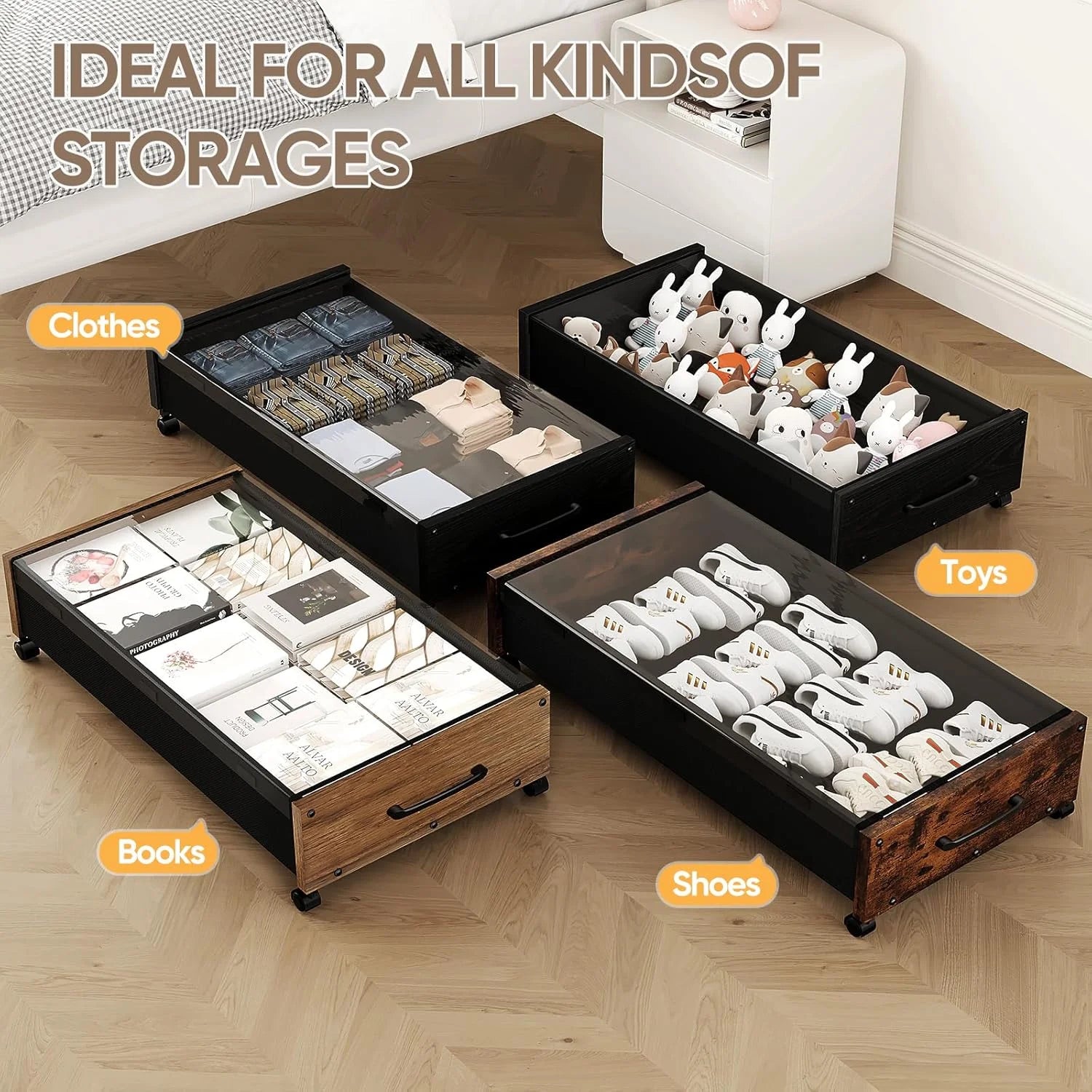 80L Extra-large Rolling Under Bed Storage Bins 2 Pack with Removable Lid B423