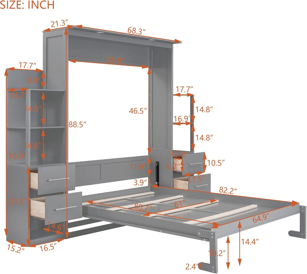 Queen Size Murphy Bed with Double Drawers and Open Storage Shelves, Grey A206