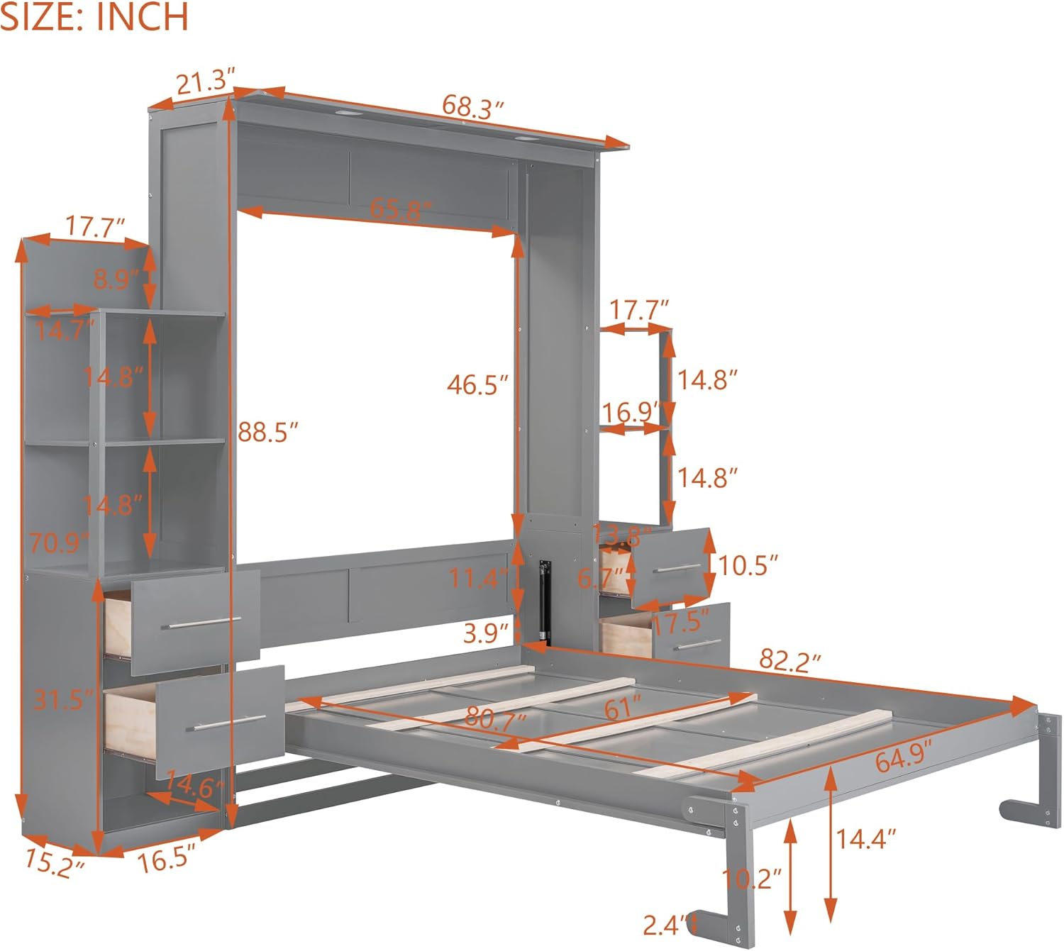 Queen Size Murphy Bed with Double Drawers and Open Storage Shelves, Grey A206
