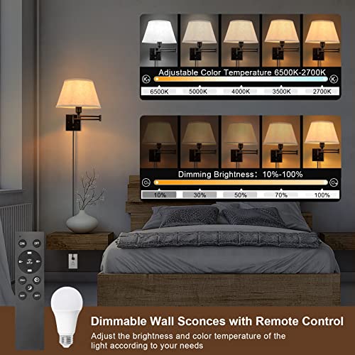 2 Pack Plug In Wall Sconces with Remote Control, White Fabric Shade H48770