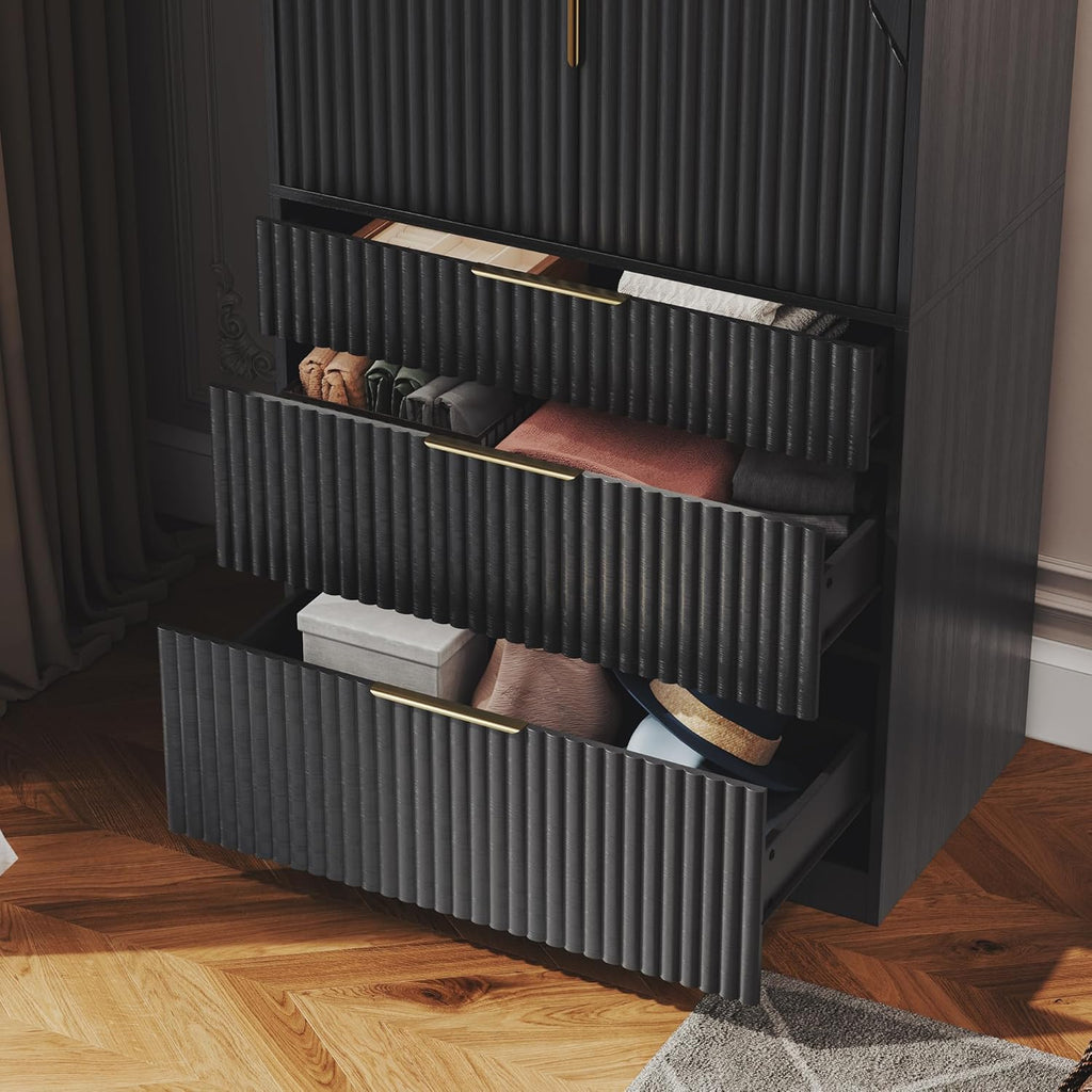 Black Wooden Wardrobe Armoire with 2 Doors and 3 Drawer S78274