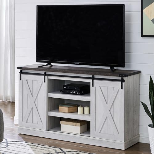 Rustic Oak Wood TV Stand with Sliding Barn Door Y47859