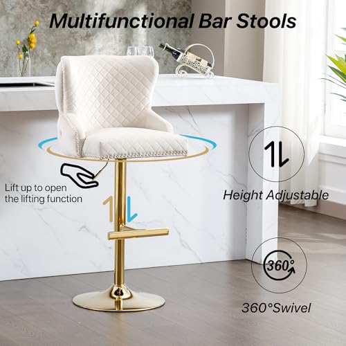 Beige Velvet Adjustable Swivel Barstools Set of 2 U9788
